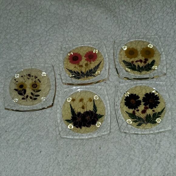 Vintage Lucite Pressed Flower Drink Coasters Set of 5 - Picture 1 of 13